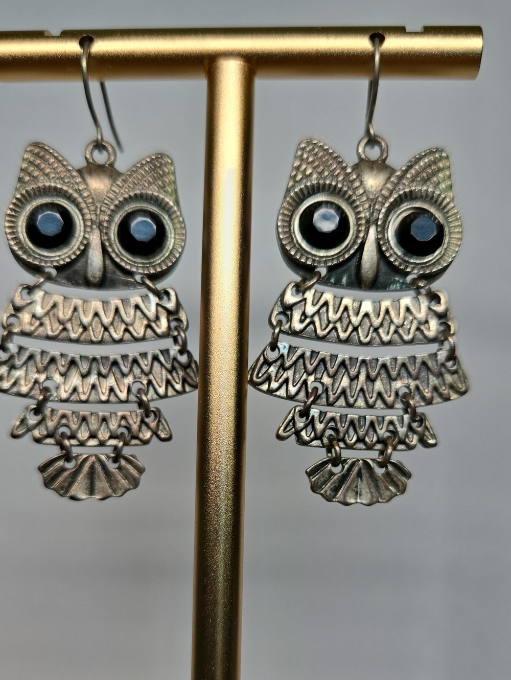 Vintage Silver Articulated Owl Dangle Earrings - Silver Tone